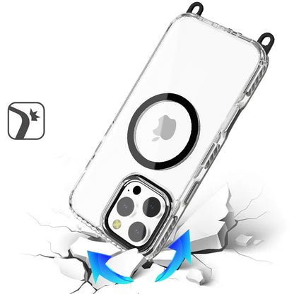 For Apple iPhone 11 Pro Max Clear Magnetic Frame PC Back Shockproof Protective Case with Detachable Lanyard Strap, Compatible with MagSafe Case Cover Black