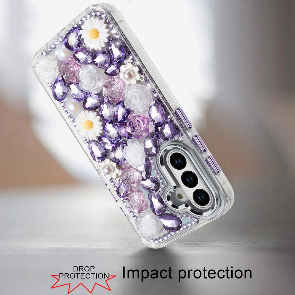 For Apple iPhone 14 /13 Fashion Daisy Floral Series, Full 3D Bling Crystal Diamonds Sparkling Rhinestone Glitter Hybrid Design Case Cover Purple