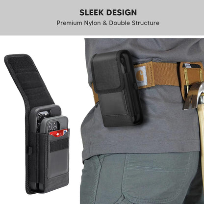 For Apple iPhone 16 Pro (6.3") Vertical Double Phone Cover Universal Nylon Canvas Holster Pouch Pocket For 2 Phone with Credit Card Slot with Belt Clip Hook and Loop fit XL Device Size 6.3" [Black]