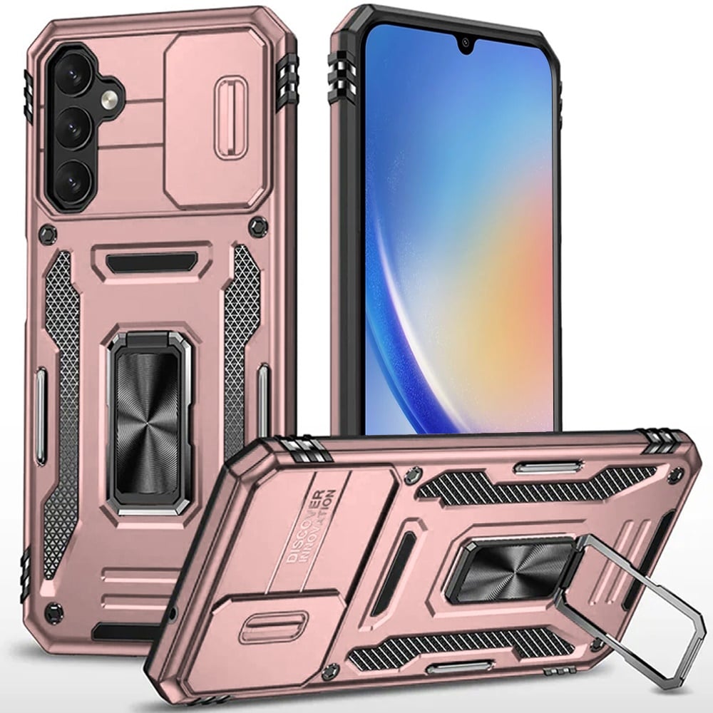 For Samsung Galaxy A15 5G Tough Hybrid Case with Movable Camera Window & Metal Ring Stand Shockproof Case Cover