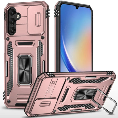 For Samsung Galaxy A15 5G Tough Hybrid Case with Movable Camera Window & Metal Ring Stand Shockproof Case Cover