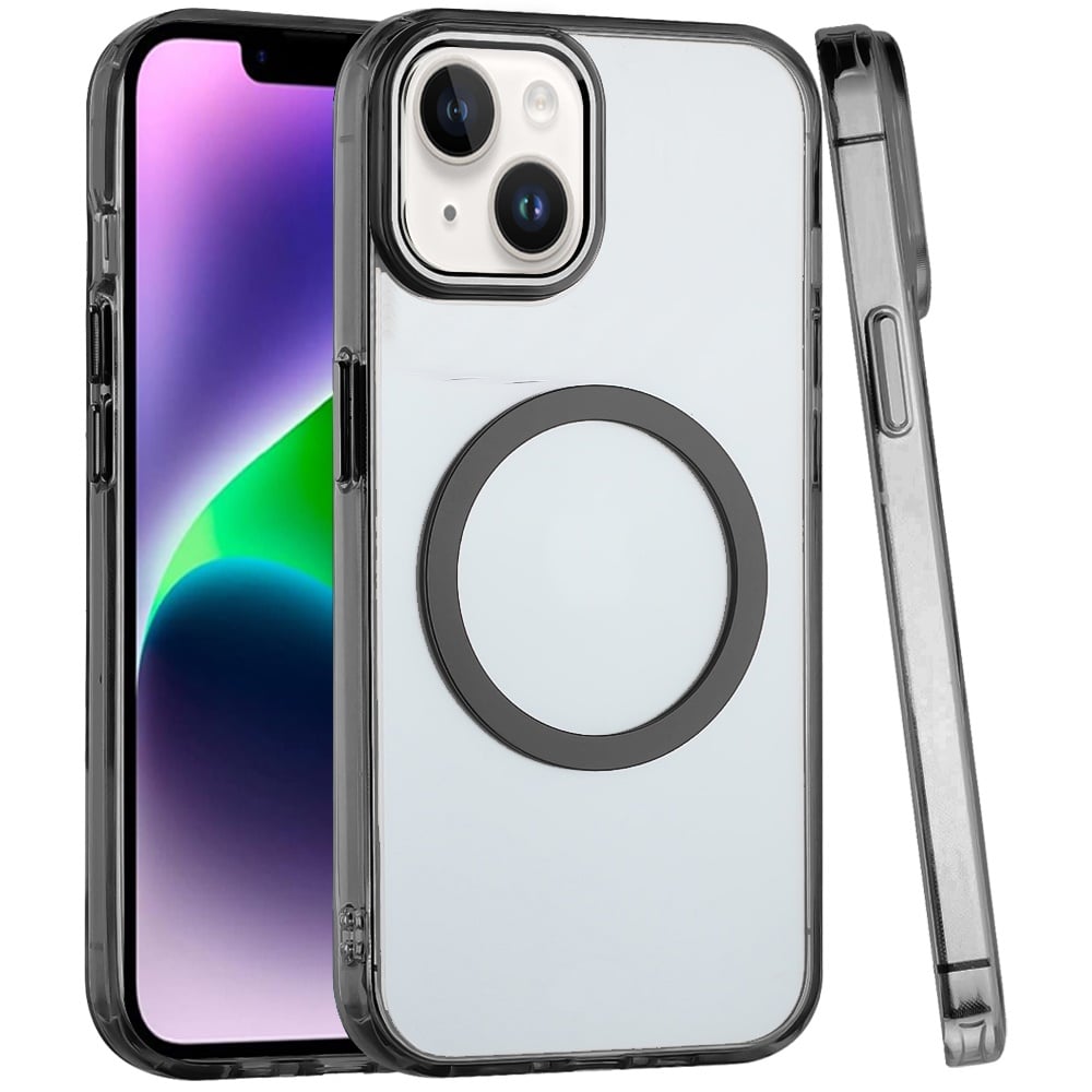 For iPhone 14/13 (6.1") Transparent Back Hybrid Case - Magnetic Circle, Color Frame, Metal Buttons, MagSafe Compatible Case Cover