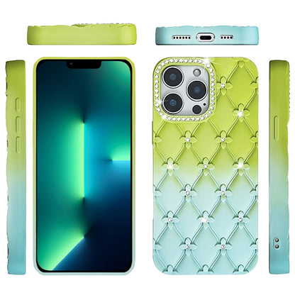 For Apple iPhone 13 Pro Max Fashion Flower Design Sparkle Glitter Shimmer Rhinestone Bling Floral Accents, Leather Texture TPU Case Cover Light Green/Teal