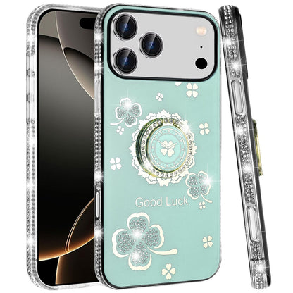 For Apple iPhone 17 Pro (6.3") Diamonds Bling All Around Edges Sparkly Glitter Hybrid with Ring Stand Holder Fashion Good Luck Case Cover
