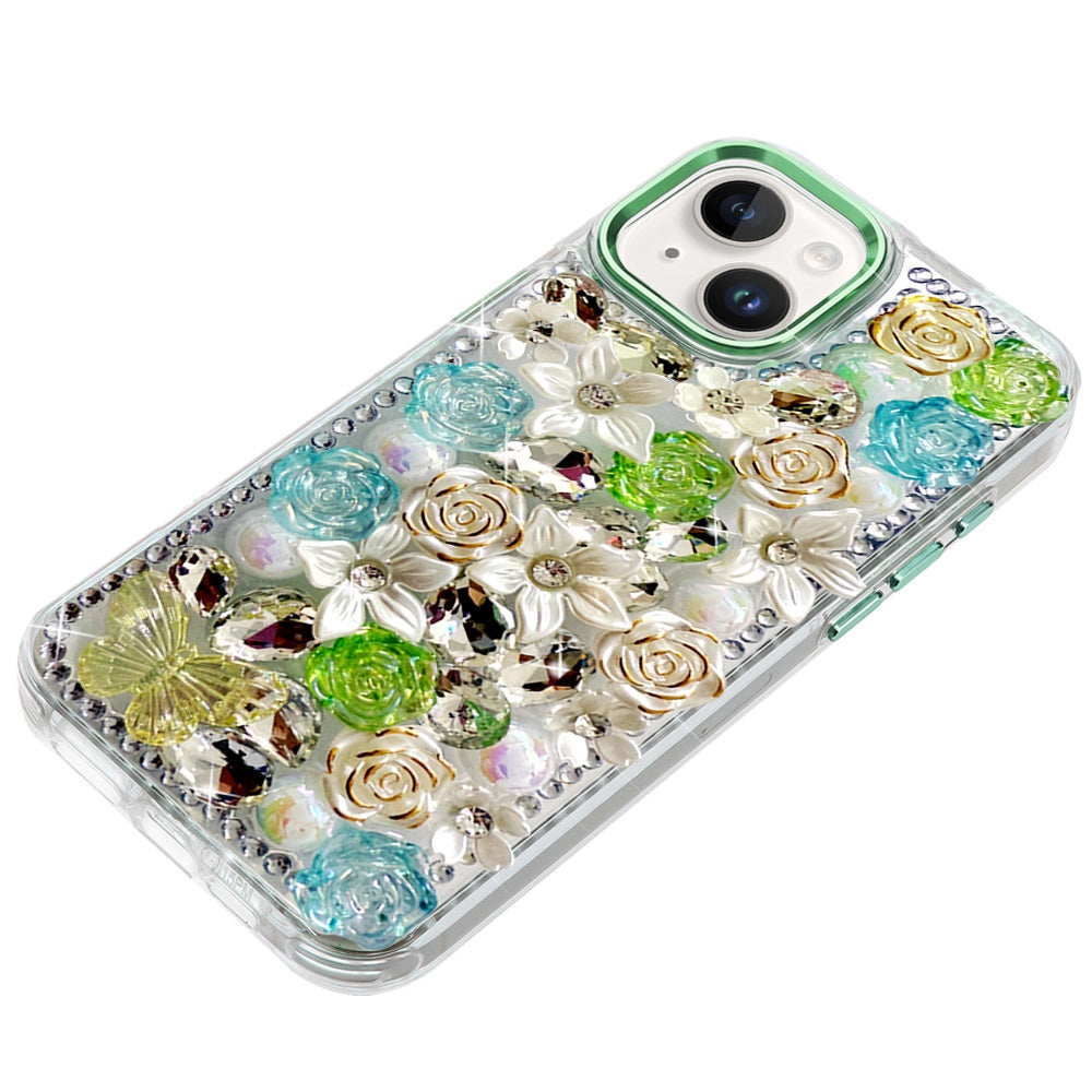 For Samsung Galaxy A57 3D Diamond Floral Roses Flower Bling Stone Hybrid, Sparkly Rhinestone Gemstone Back Shockproof Case Cover