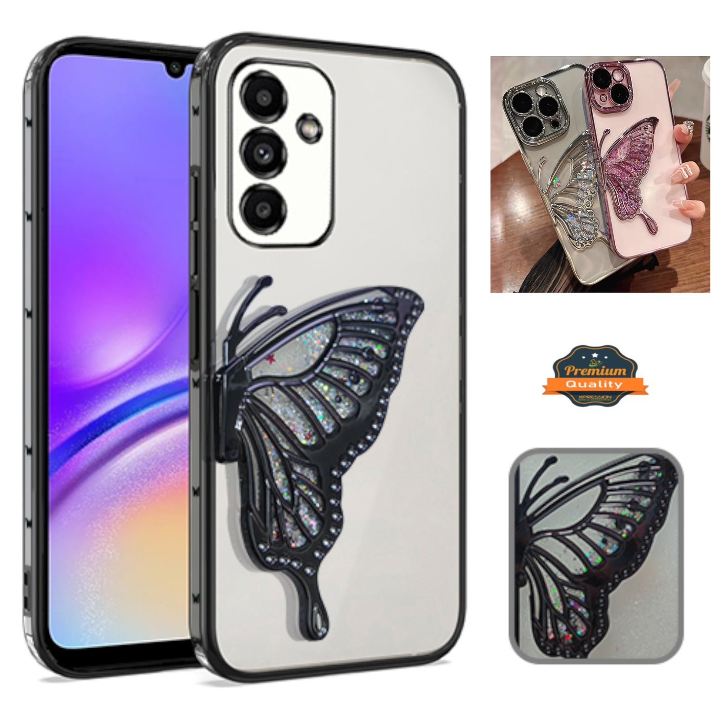 For Samsung Galaxy S25 /S24 Glitter 3D Butterfly Bling Case, Chrome Electroplate Sparkle Liquid Flowing Plating Hybrid Bumper Case Cover