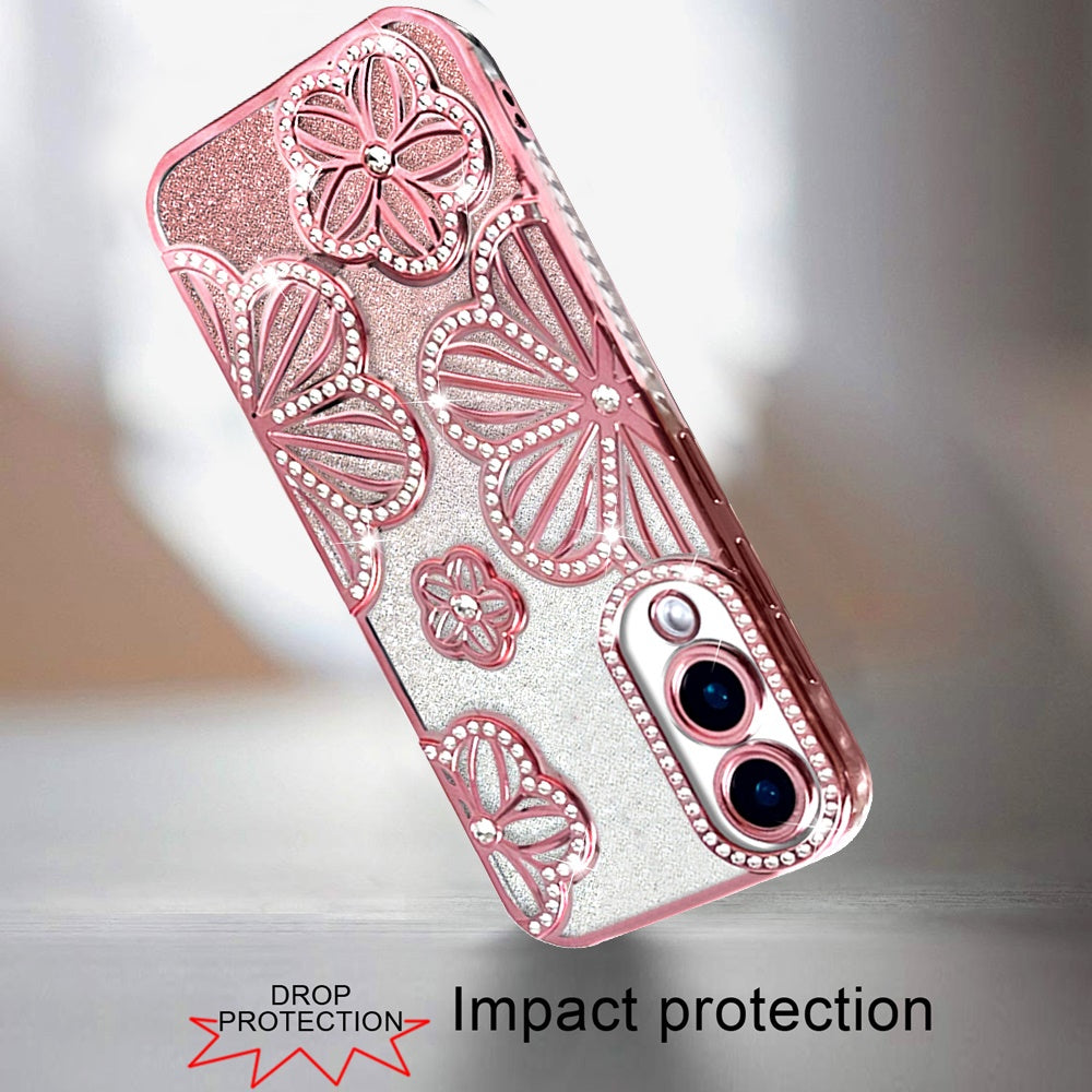 For Samsung Galaxy S25 Edge Luxury Flower Design Sparkle Glitter Diamond Rhinestone Shimmer Bling Plating Thick TPU Hard PC Case Cover