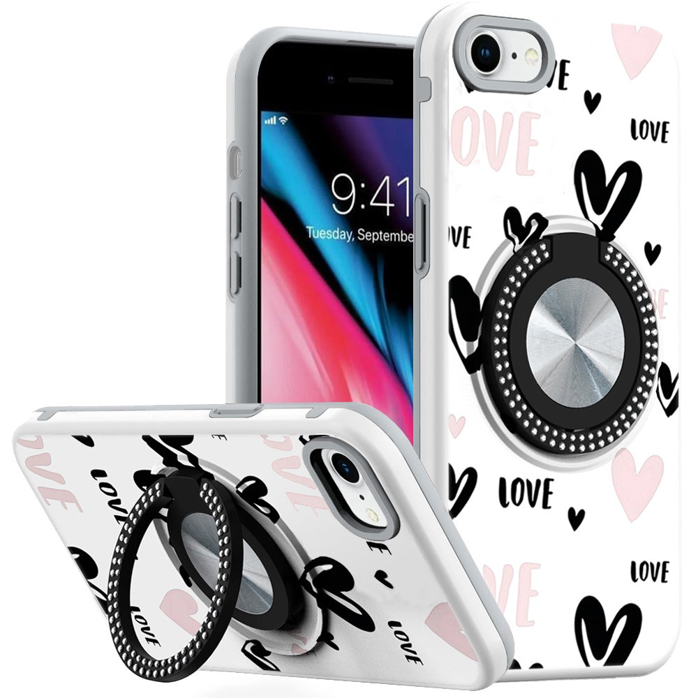 For Apple iPhone SE 3 (2022) SE/8/7 Pattern Design Hybrid with Invisible Ring Stand & Magnetic Back, Shockproof Protective Grip Case Cover