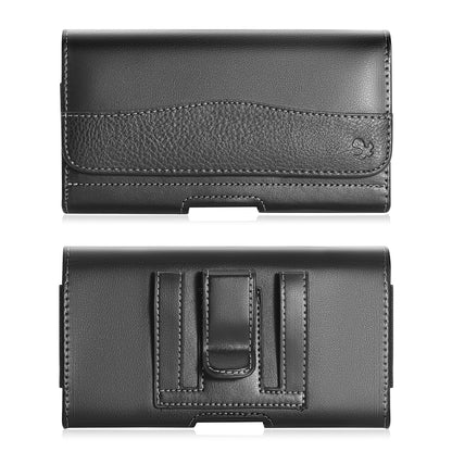 For Apple iPhone 16 Pro (6.3") Universal Horizontal CellPhone Case Smooth Leather Pouch Flap Holster Carrying Case with Dual Card Slots & Belt Clip Loop Cover [Black]