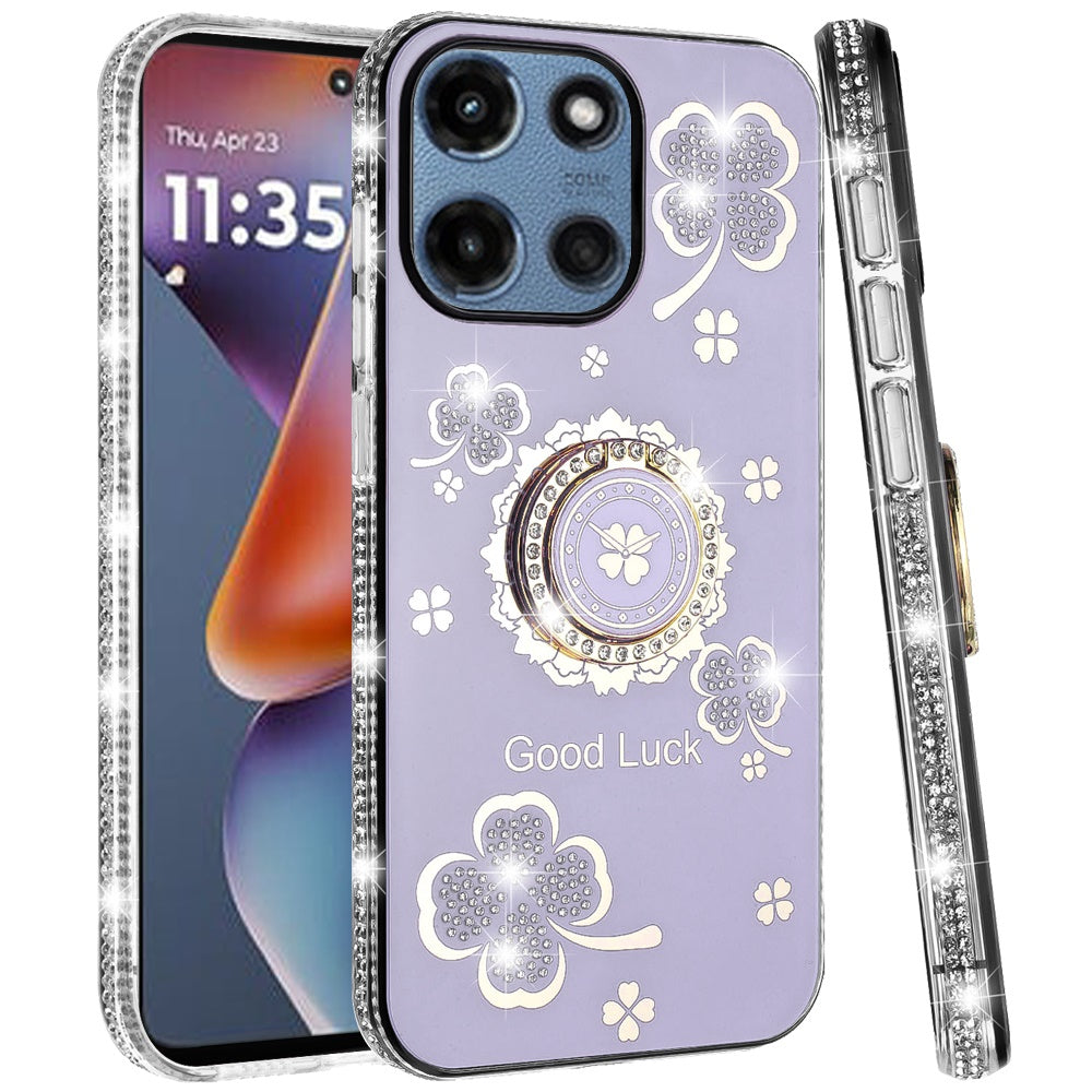 For Motorola Moto G Stylus 5G 2025 Diamonds Bling All Around Edges Sparkly Glitter Hybrid with Ring Stand Holder Fashion Good Luck Case Cover