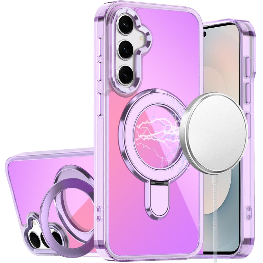 For Samsung Galaxy S25 FE /S25 Fan Edition Chrome Hybrid with Rotating Magnetic Circle Ring Stand, Slim Shockproof Hybrid Case Cover