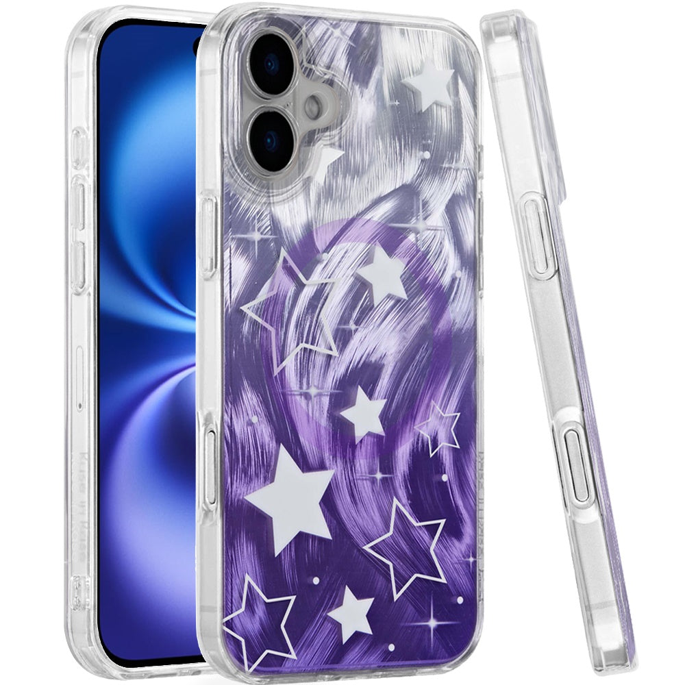 For Apple iPhone 17 Stylish Pattern Fashion IMD Printed Design TPU Double Layer Slim Shockproof with Magnetic Back Case Cover Gradient Purple Star