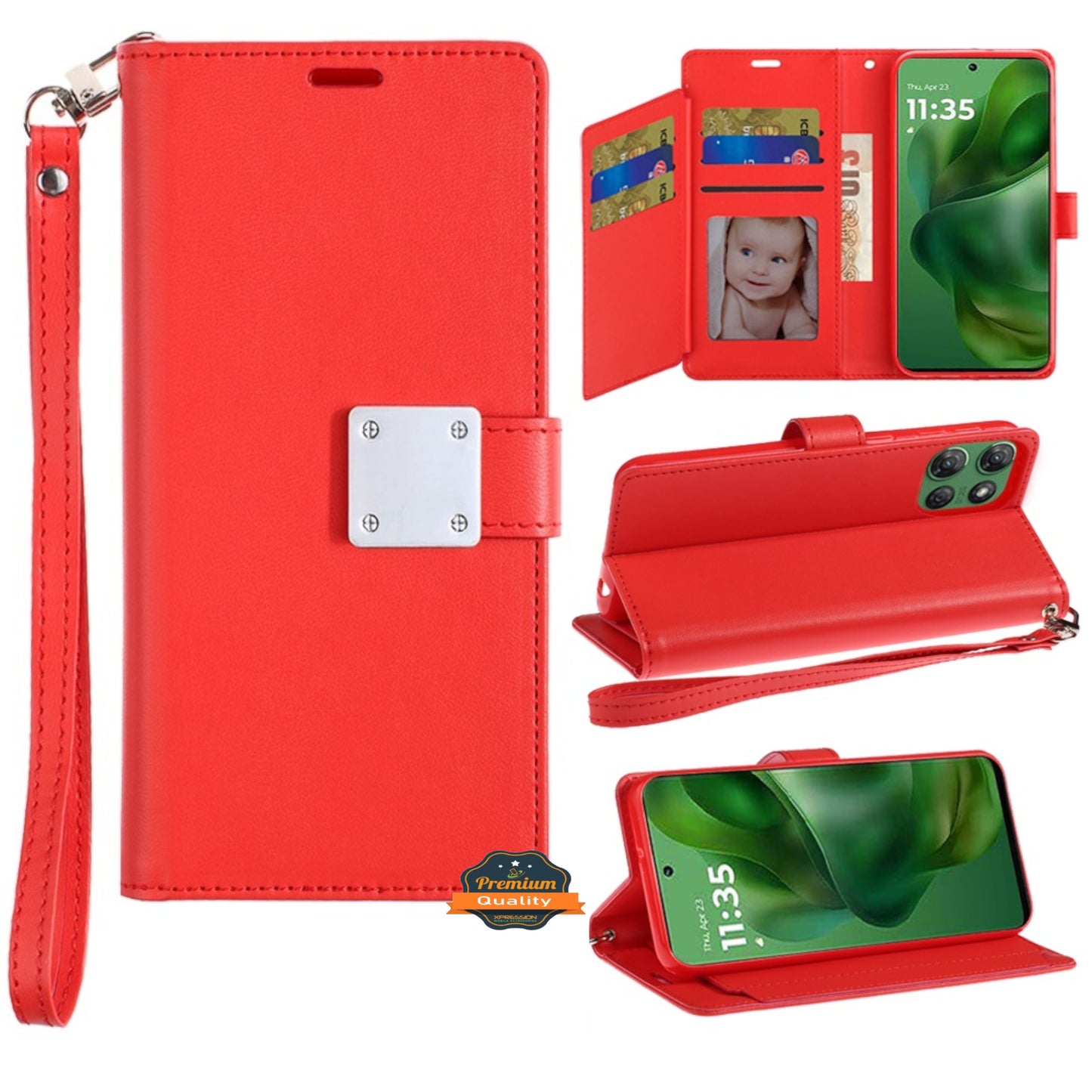 For Apple iPhone 15 Wallet Cases PU Leather with Credit Card /ID /Cash Holder Slot Dual Flip Book Pouch, Stand and Strap Case Cover Red