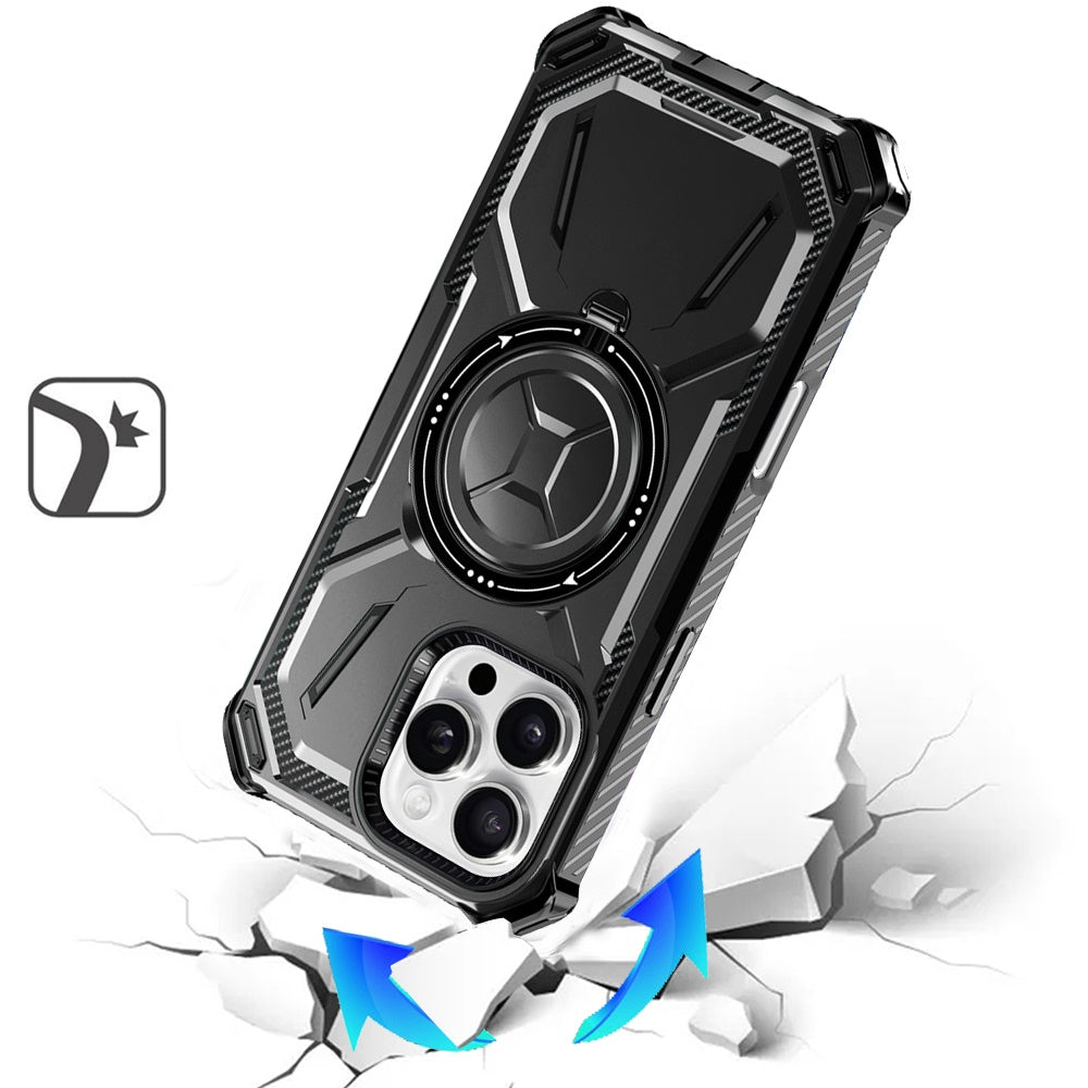 For Apple iPhone 16 Pro Shockproof Hybrid Magnetic Ring Case - 360° Rotatable Stand with MagSafe Compatibility Case Cover Black