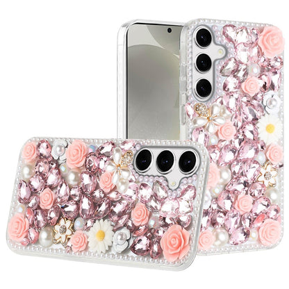 For Apple iPhone 17E /16E Fashion Rose Flower Floral, 3D Bling Crystal Full Diamonds Pearl Sparkle Rhinestone Glitter Hybrid Case Cover Pink