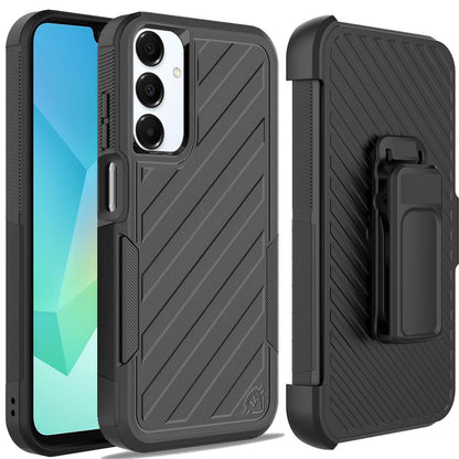 For Samsung Galaxy A16 5G Premium Design Hybrid lined with Belt Clip Holster Shockproof Rugged Textured 2in1 Non Slip Tough Case Cover Black