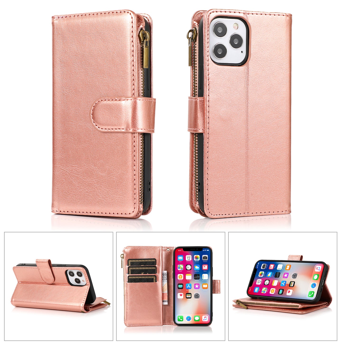 For Apple iPhone 11 Leather Wallet Case with Zipper, 9 Card Slots, Cash Pocket, Stand & Strap, Clutch Pouch Design Case Cover Rose Gold