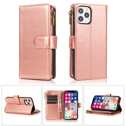For Apple iPhone 11 Leather Wallet Case with Zipper, 9 Card Slots, Cash Pocket, Stand & Strap, Clutch Pouch Design Case Cover Rose Gold