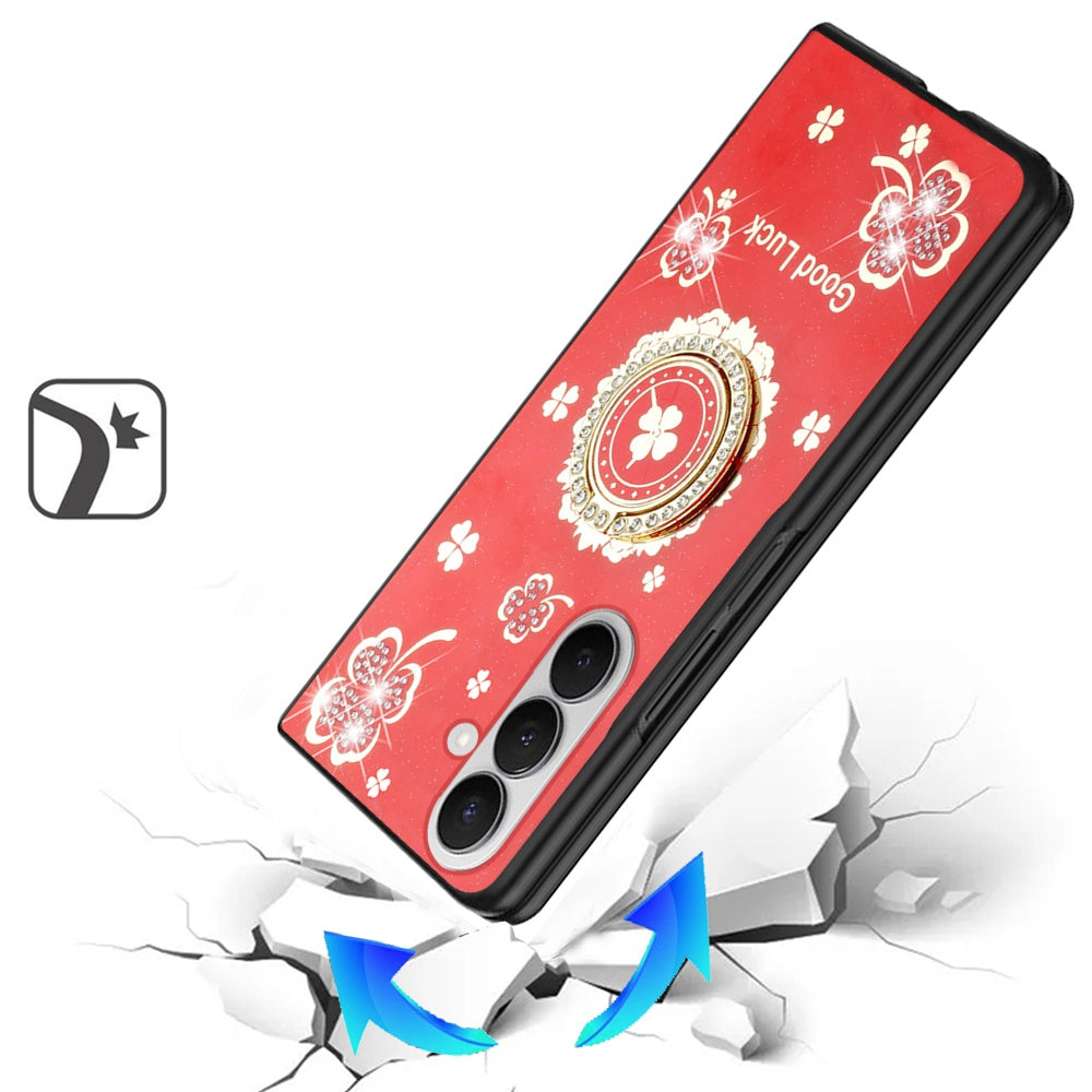 For Samsung Galaxy Z Fold 7 Diamonds 3D Fashion Floral Bling Sparkly Glitter Ornaments Engraving Hybrid with Ring Stand Case Cover Red Good Luck Floral