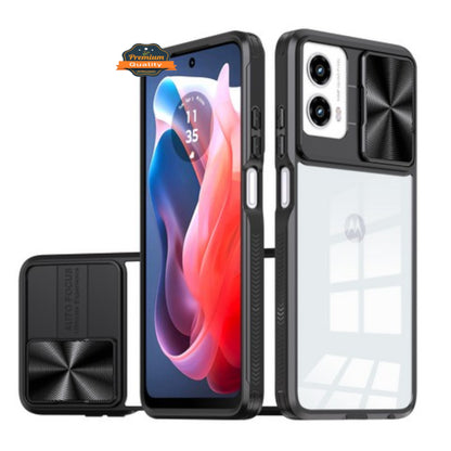 For Motorola Moto G 5G 2025 Hybrid Slim Case with Slide Camera Protector, Shockproof TPU Clear Back & Color Frame Bumper Case Cover