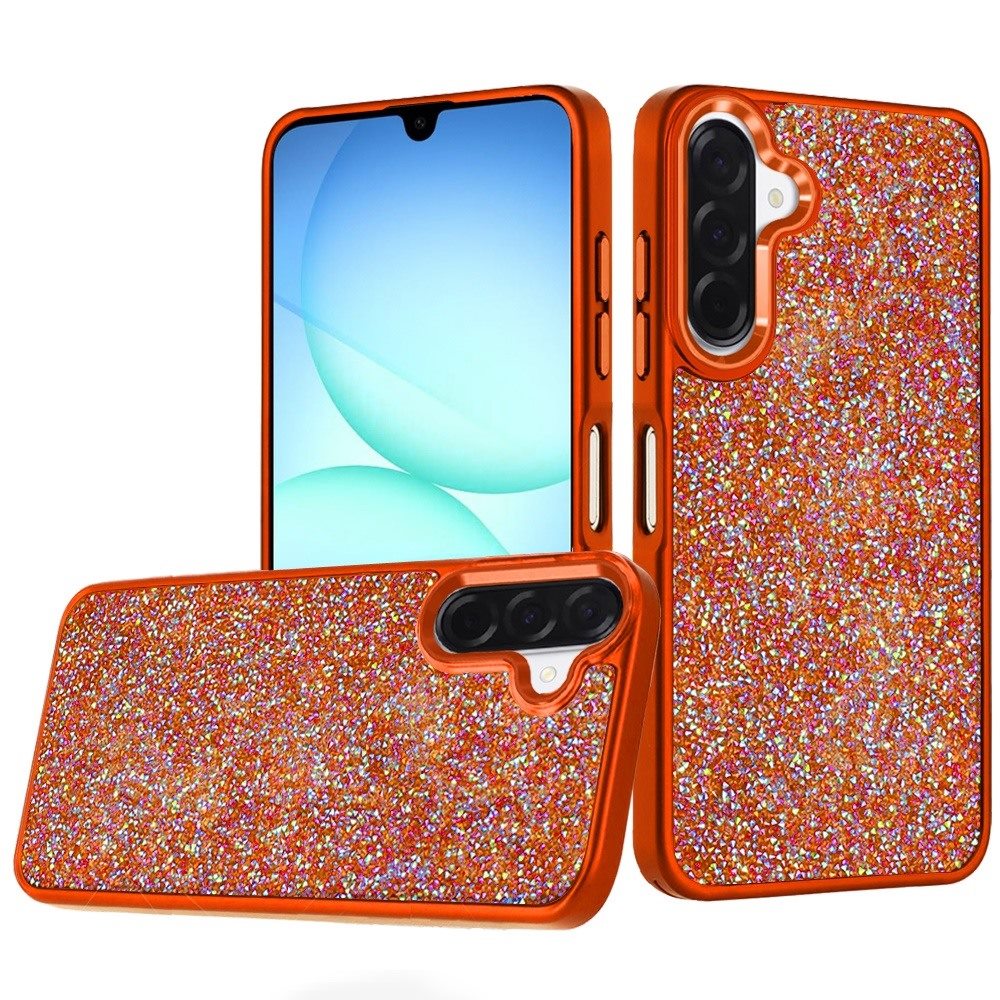 Phone Case for Samsung Galaxy A17 5G Crystal Glass Bling Diamond Metallic Edge Shockproof Durable Protective Clear Hybrid Stylish Premium Design Cover Cosmic Orange