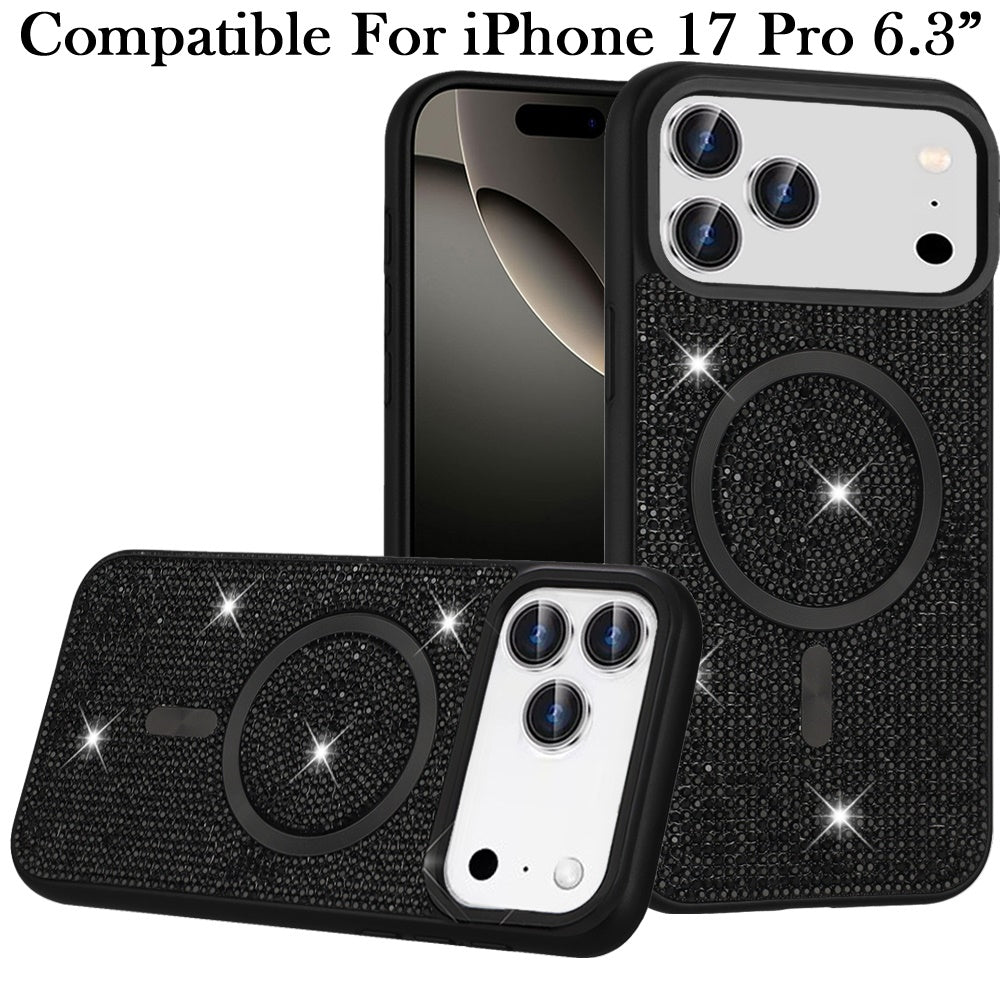 Phone Case for Apple iPhone 17 Pro Magnetic Bling Diamond Sparkle Hybrid Shockproof Rugged Grip Durable Protection Anti-Slip Armor Design Cover Black