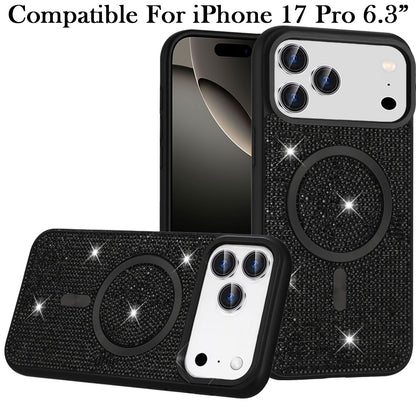 Phone Case for Apple iPhone 17 Pro Magnetic Bling Diamond Sparkle Hybrid Shockproof Rugged Grip Durable Protection Anti-Slip Armor Design Cover Black