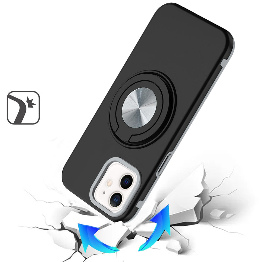 For Apple iPhone 16 (6.1") Metal Matte Hybrid with Invisible Rotational Ring Stand, Car Mount Friendly, Military Grade Slim Fit Sturdy Case Cover