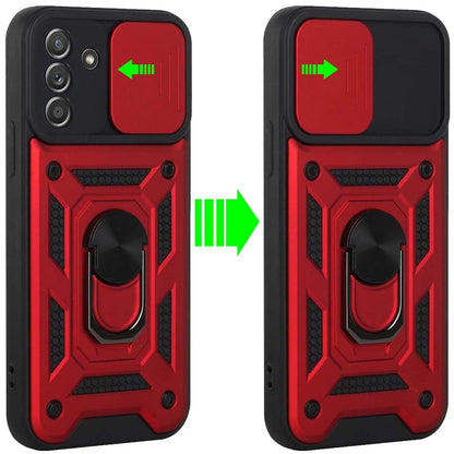 For Samsung Galaxy A15 5G Hybrid Case with Slide Camera Lens Cover, Ring Kickstand, Heavy-Duty Dual Layer TPU, Fit Magnet Car Mount Case Cover