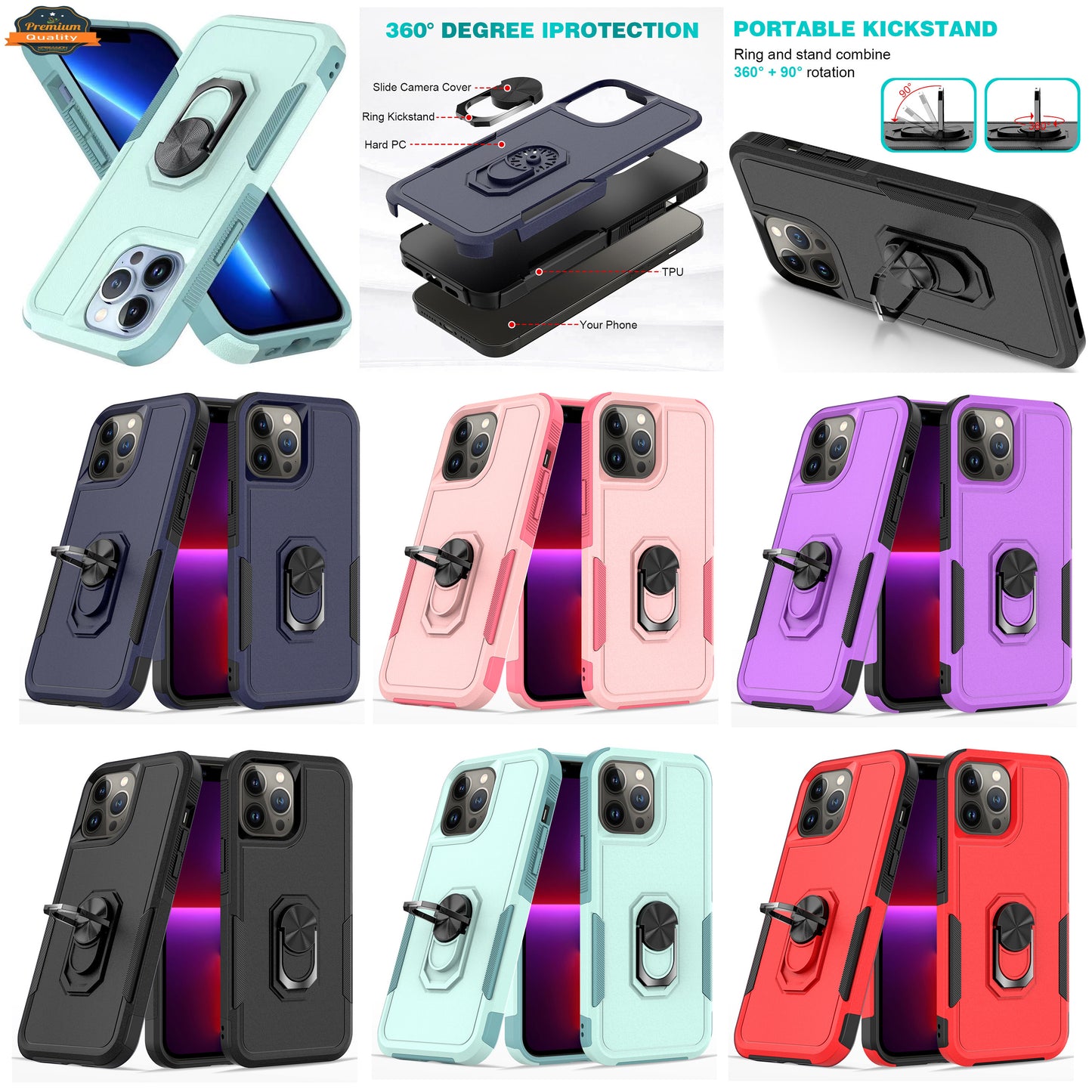 For Motorola Moto G Stylus 5G 2025 Hybrid Rugged Tough 2in1 Drop-Proof Protection Military Grade Armor with Metal Ring Stand Case Cover
