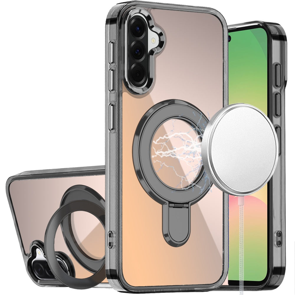 For Samsung Galaxy A57 Chrome Hybrid with Rotating Magnetic Circle Ring Stand, Slim Shockproof Hybrid Case Cover