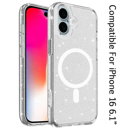 For iPhone 16 (6.1") MagSafe Compatible Glitter Sparkle Bling Hybrid Case with Magnetic Circle, Slim TPU & Hard PC Frame Case Cover Clear