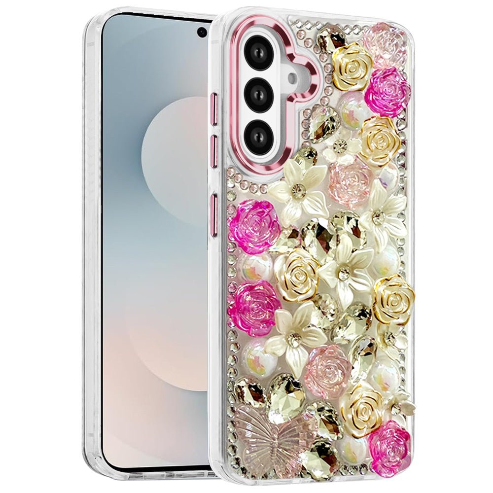 For Samsung Galaxy S26 3D Diamond Floral Roses Flower Bling Stone Hybrid, Sparkly Rhinestone Gemstone Back Shockproof Case Cover