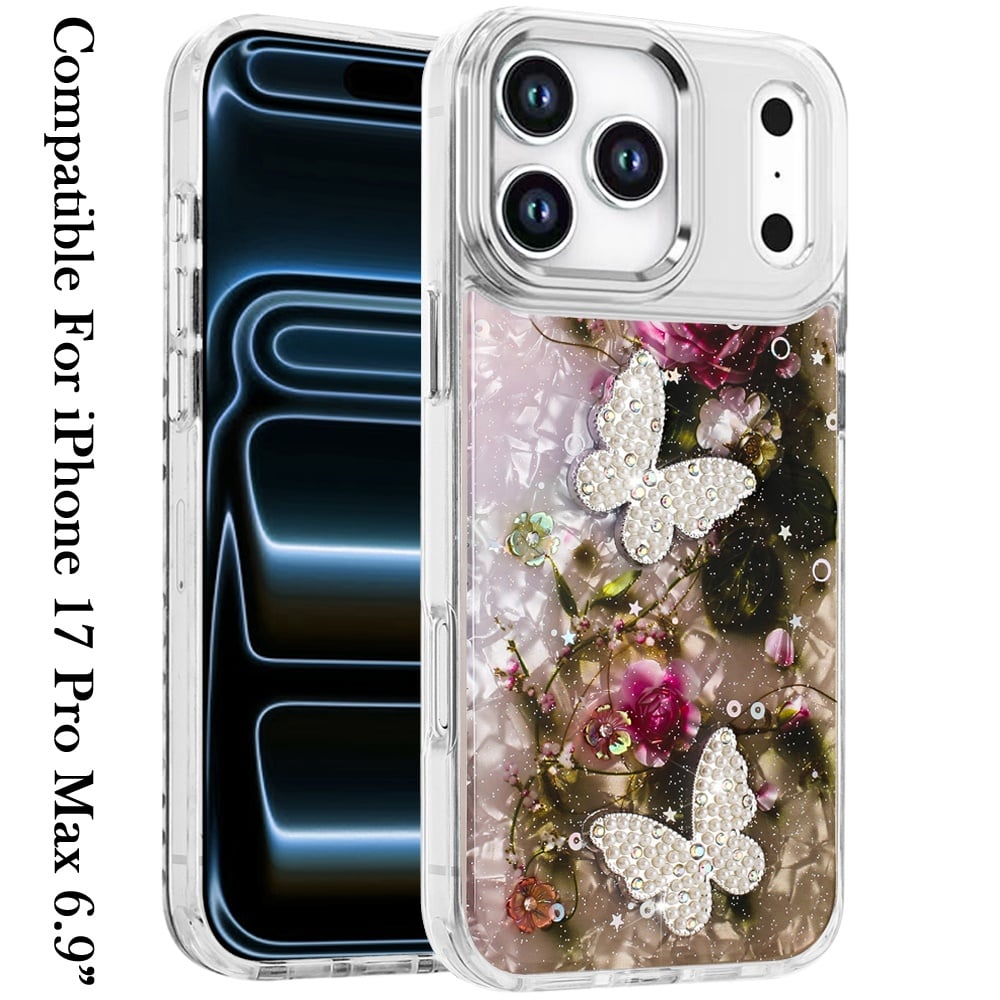 For Apple iPhone 17 Pro Max (6.9") Epoxy Glitter Flowers Bling 3D Butterfly Fashion TPU Hybrid with Shockproof Protection Case Cover