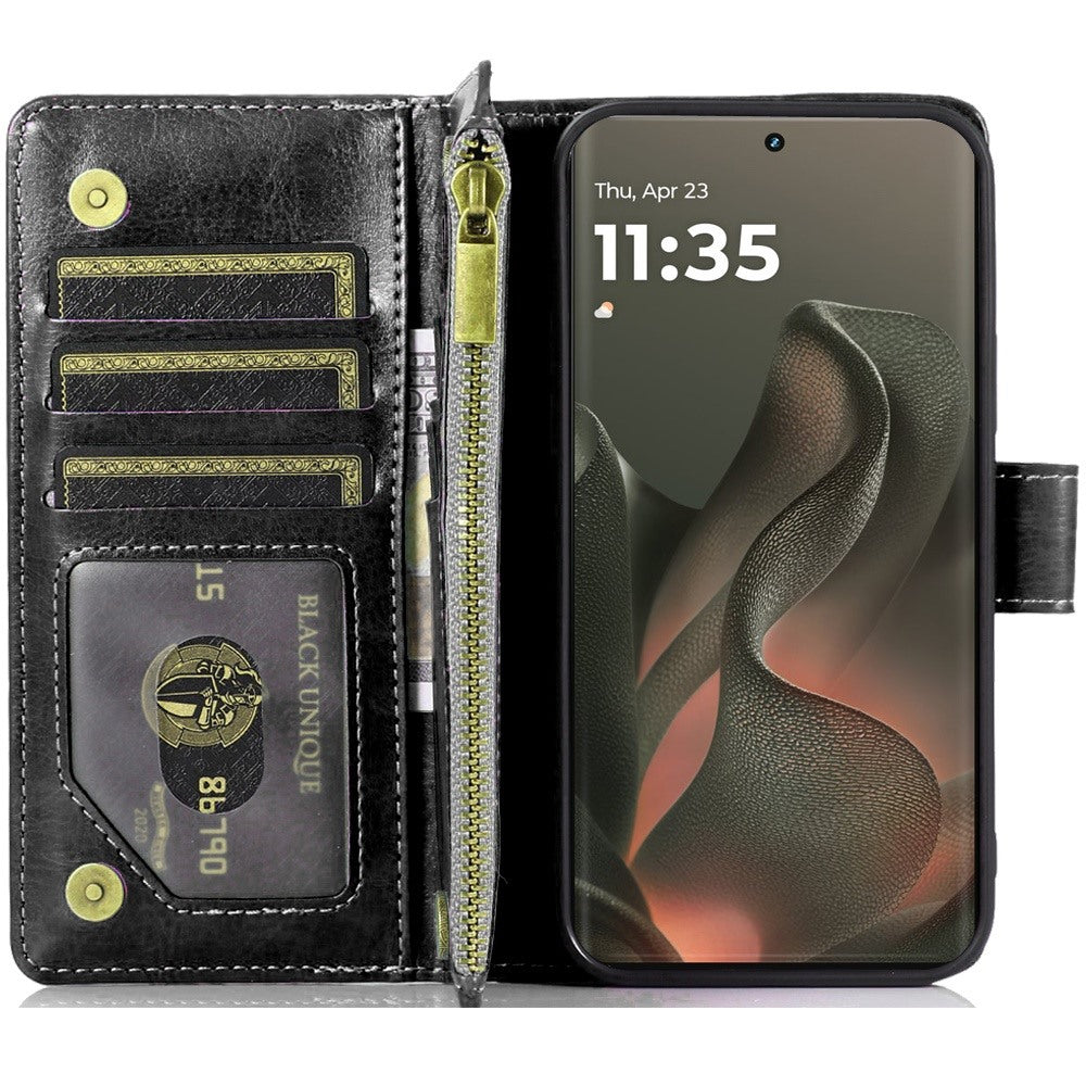 For Motorola Edge 2025 Leather Wallet Case with Zipper, 9 Card Slots, Cash Pocket, Stand & Strap, Clutch Pouch Design Case Cover Black