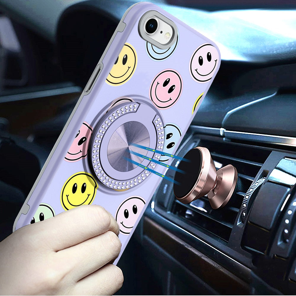 For Apple iPhone SE 3 (2022) SE/8/7 Pattern Design Hybrid with Invisible Ring Stand & Magnetic Back, Shockproof Protective Grip Case Cover