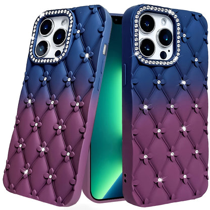 For Apple iPhone 13 Pro Fashion Flower Design Sparkle Glitter Shimmer Rhinestone Bling Floral Accents, Leather Texture TPU Case Cover Dark Blue/Burgundy