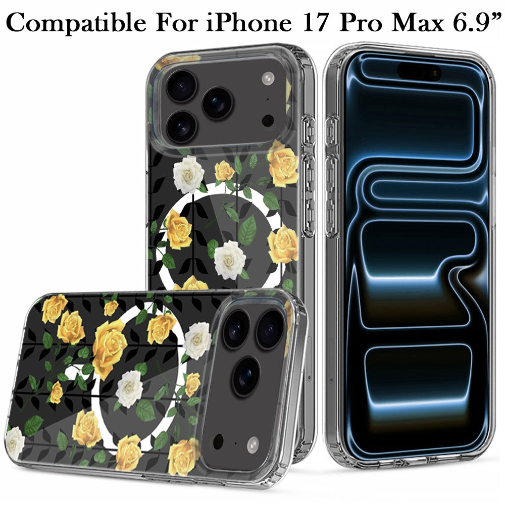 For Apple iPhone 17 Pro Max Hybrid Flower Design Stylish Fashion Case, MagSafe Compatible, Thick Shockproof Hard PC Case Cover