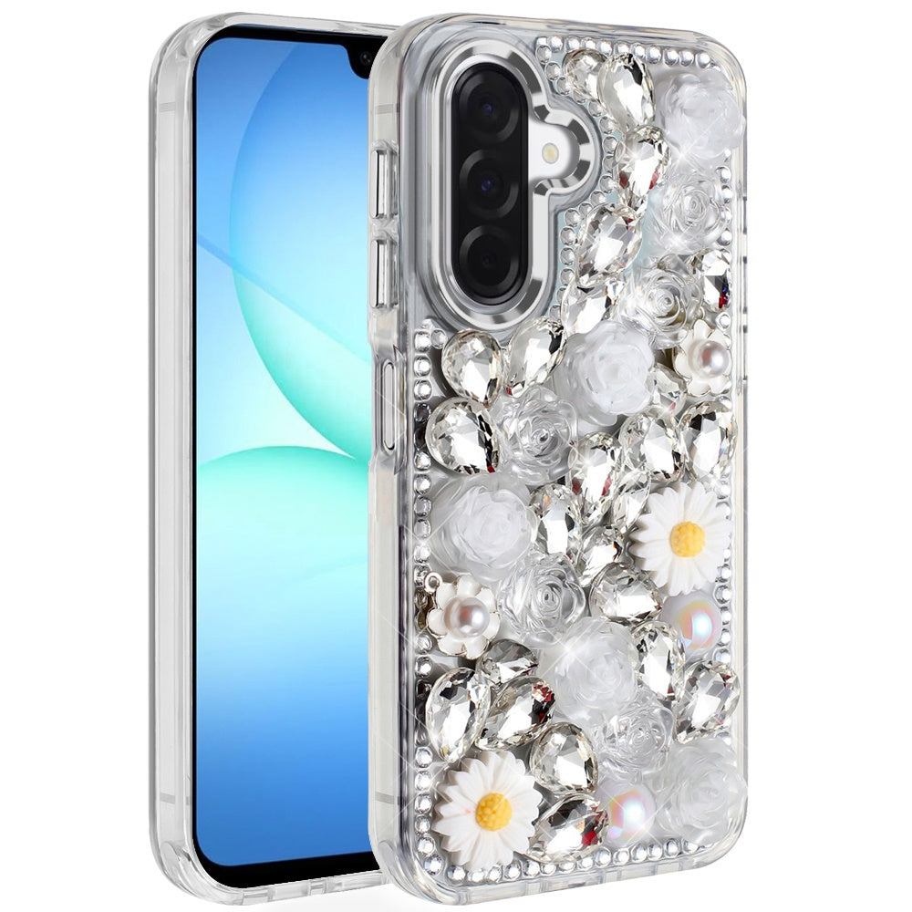 For Samsung Galaxy A17 5G Fashion Daisy Floral Series, Full 3D Bling Crystal Diamonds Sparkling Rhinestone Glitter Hybrid Design Case Cover White