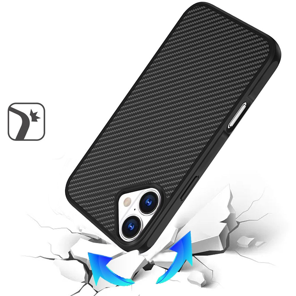 For Apple iPhone 16 (6.1") Carbon Fiber Design with Magnetic HQ 2.0mm Thick Hybrid Shockproof Rubber Hard PC Case Cover Black