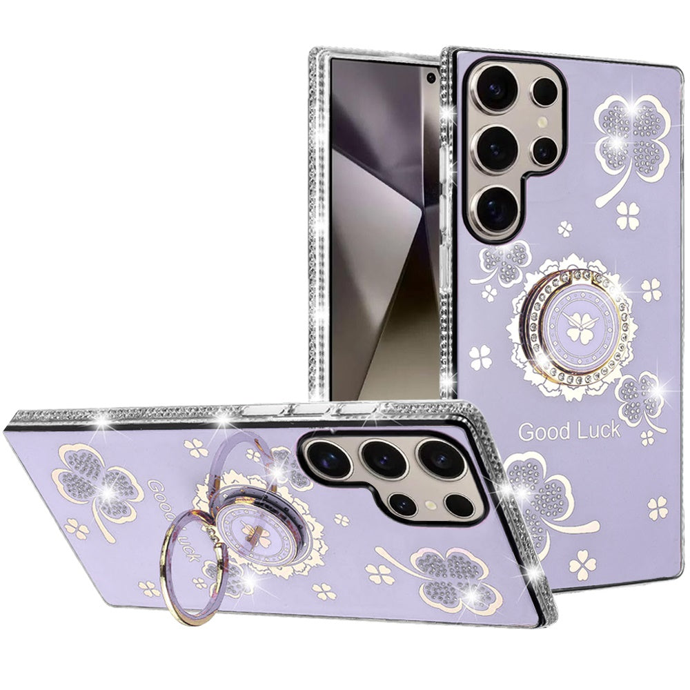 For Samsung Galaxy S25 Ultra Diamonds Bling All Around Edges Sparkly Glitter Hybrid with Ring Stand Holder Fashion Good Luck Case Cover