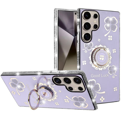 For Samsung Galaxy S25 Ultra Diamonds Bling All Around Edges Sparkly Glitter Hybrid with Ring Stand Holder Fashion Good Luck Case Cover