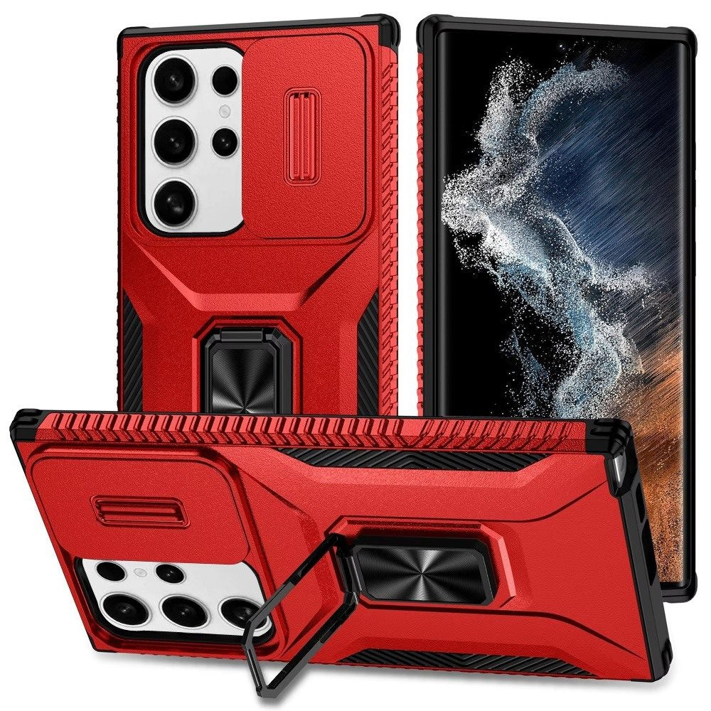For Samsung Galaxy S22 Ultra Case, Camera Cover with Magnetic Rotation Ring Stand, Military Grade Hybrid Hard TPU Shockproof Case Cover Red
