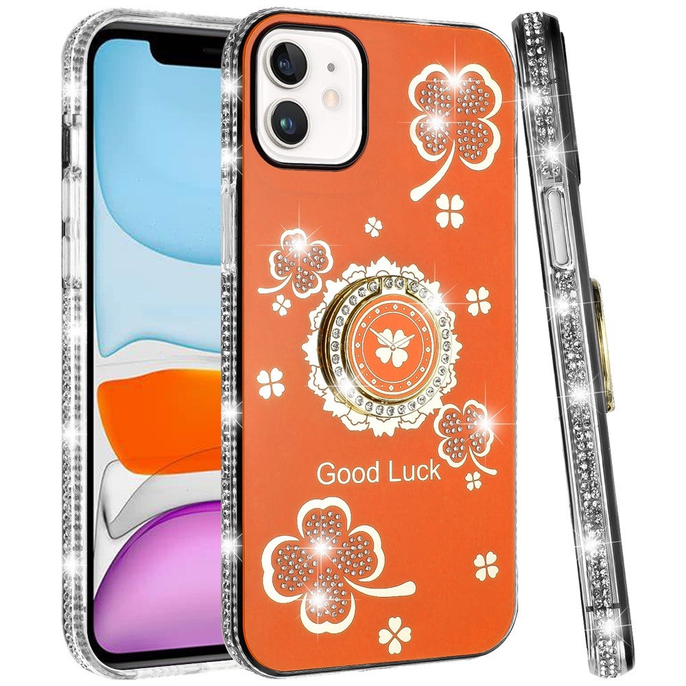 For Apple iPhone 11 Diamonds Bling All Around Edges Sparkly Glitter Hybrid with Ring Stand Holder Fashion Good Luck Case Cover Cosmic Orange