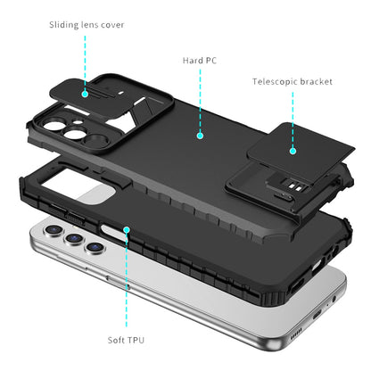 For Samsung Galaxy S24 FE Hybrid Hard PC & TPU Rubber Shockproof with Kickstand & Covered Camera Protection Case Cover Black