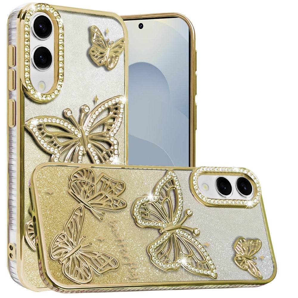 For Samsung Galaxy S25 EDGE Luxury Butterfly Sparkle Glitter Diamond Crystal Rhinestone Shimmer Bling Plating Thick TPU Hard PC Case Cover