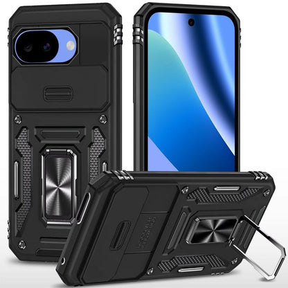 Phone Case for Google Pixel 10A Tough Metal Ring Shockproof Sliding Camera Window Hybrid Armor Rugged Anti Slip Heavy Duty Grip Cover Black
