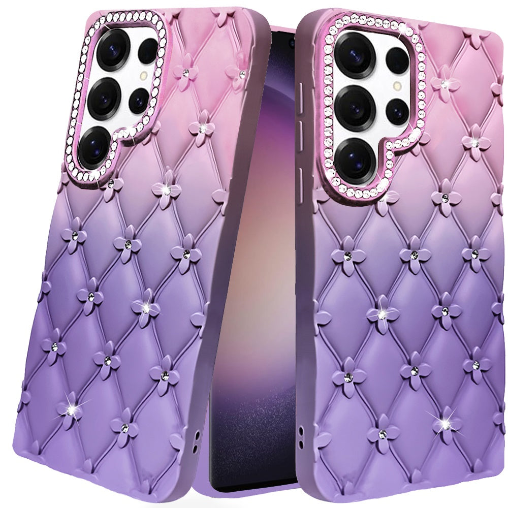 For Samsung Galaxy S23 Ultra Fashion Flower Design Sparkle Glitter Shimmer Rhinestone Bling Floral Accents, Leather Texture TPU Case Cover