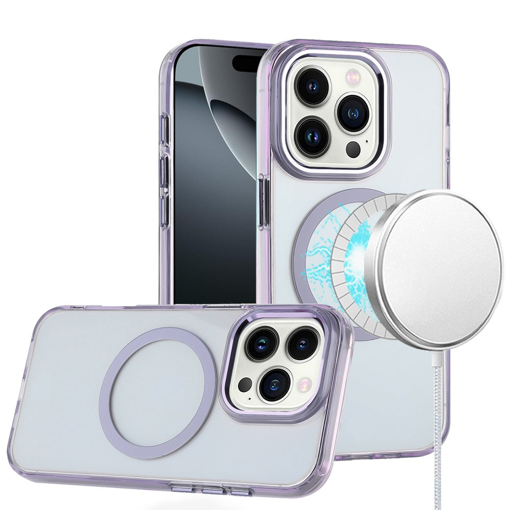 For Apple iPhone 16 Pro (6.3") Transparent Back Hybrid Case - Magnetic Circle, Color Frame, Metal Buttons, MagSafe Compatible Case Cover
