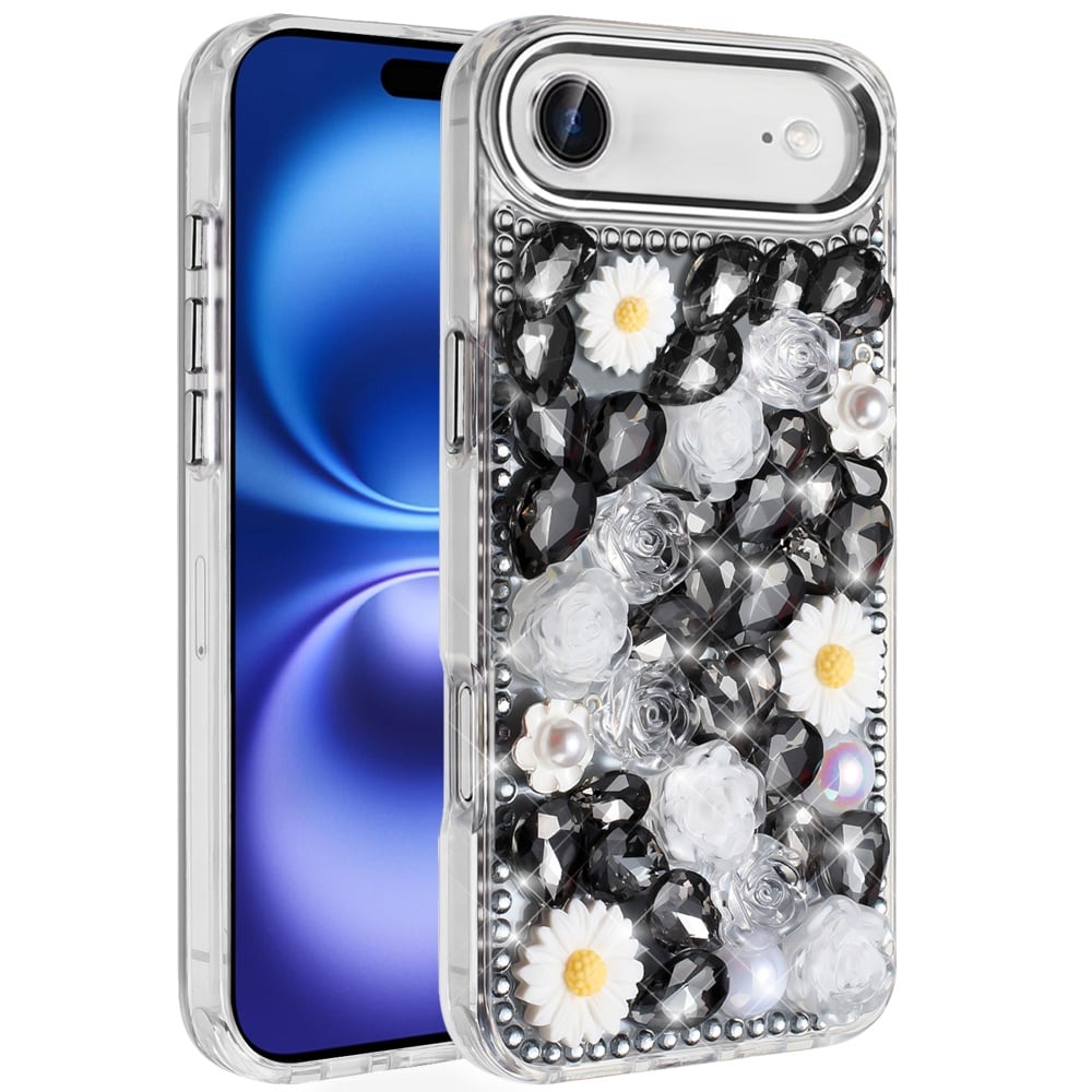 For Apple iPhone 17 Air (6.6") Fashion Daisy Floral Series, Full 3D Bling Crystal Diamonds Sparkling Rhinestone Glitter Hybrid Design Case Cover